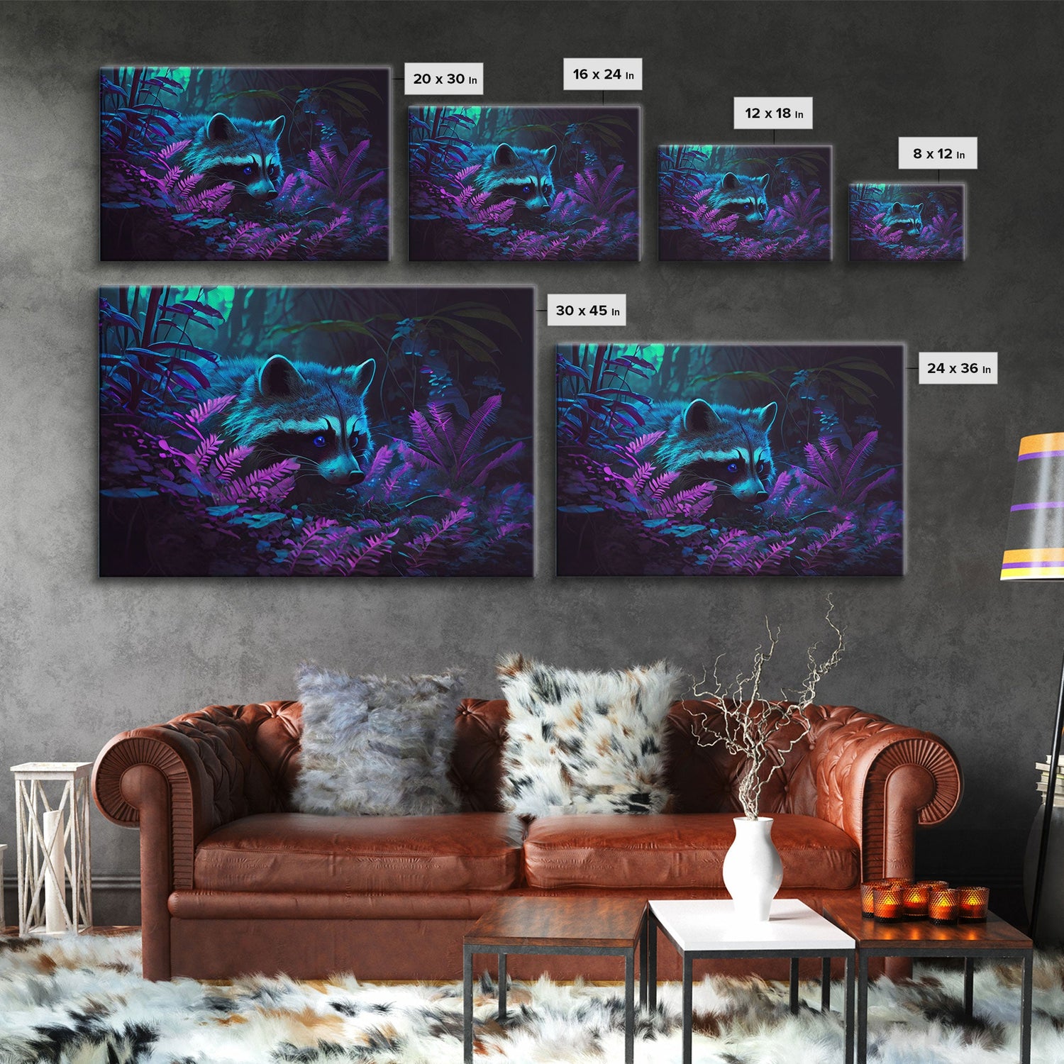 Trash panda art, Racoon in the jungle, vaporwave aesthetic animal art, framed canvas print