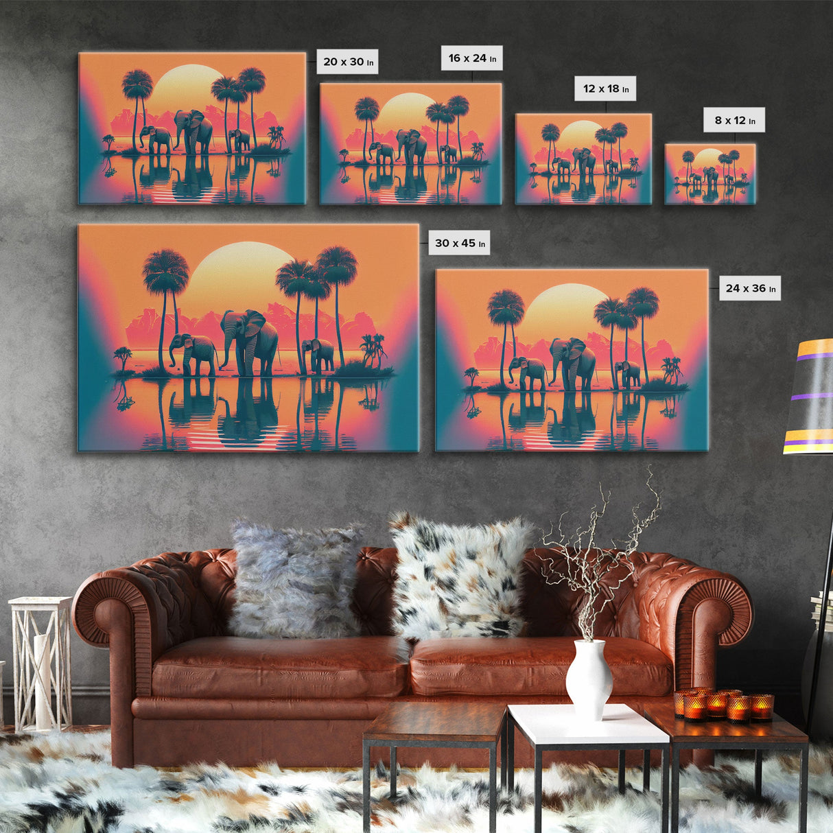 Sun beading down on a family of Elephants, framed canvas print