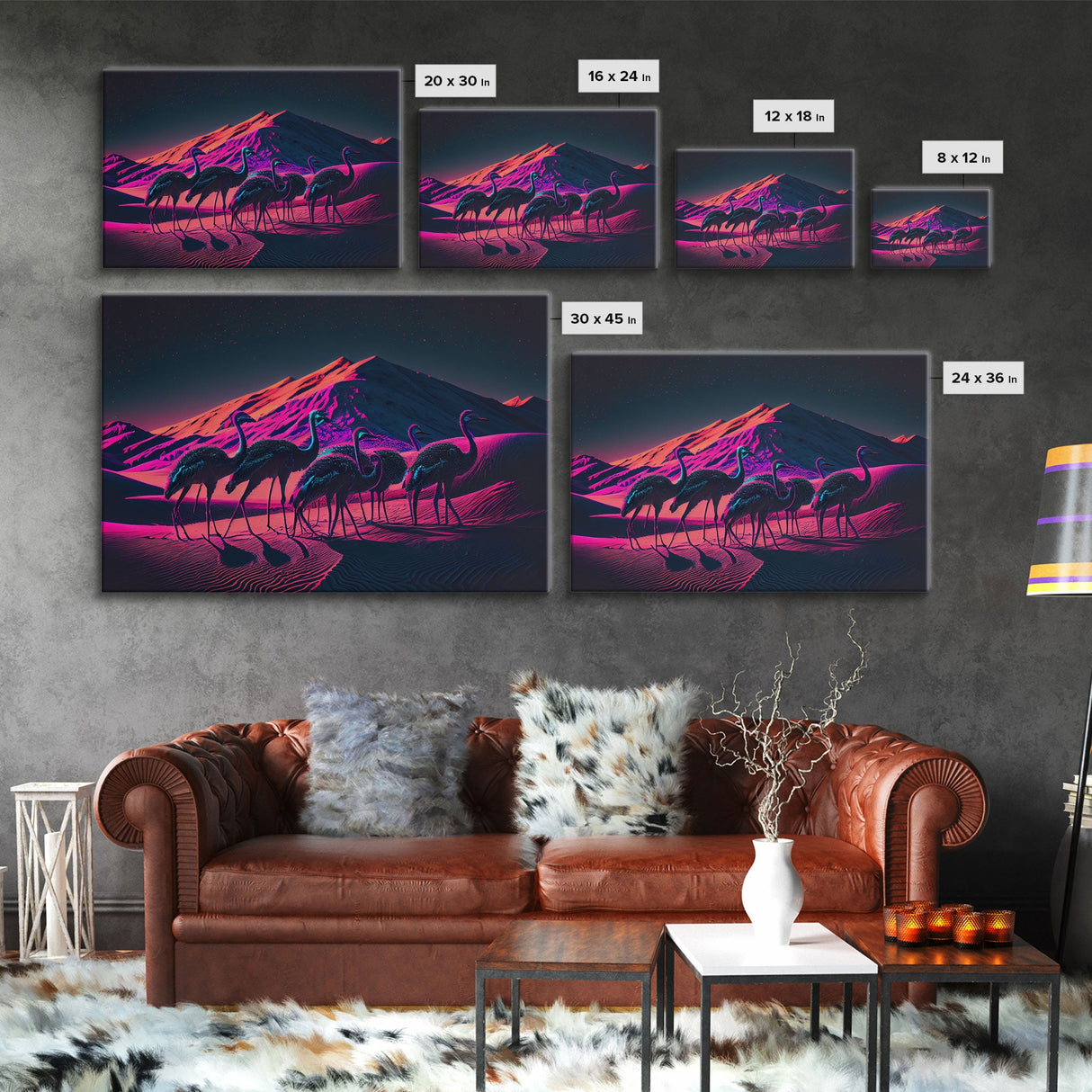 Emus in the desert, animal prints, animal art, framed canvas print, vapor wave synthwave animal art