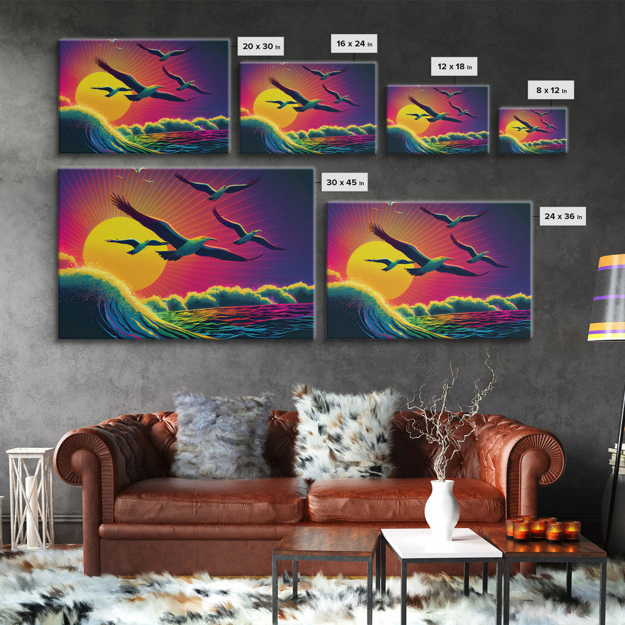 Flock of Seagulls, art deco style sun, framed canvas print, synthwave retrowave animal art