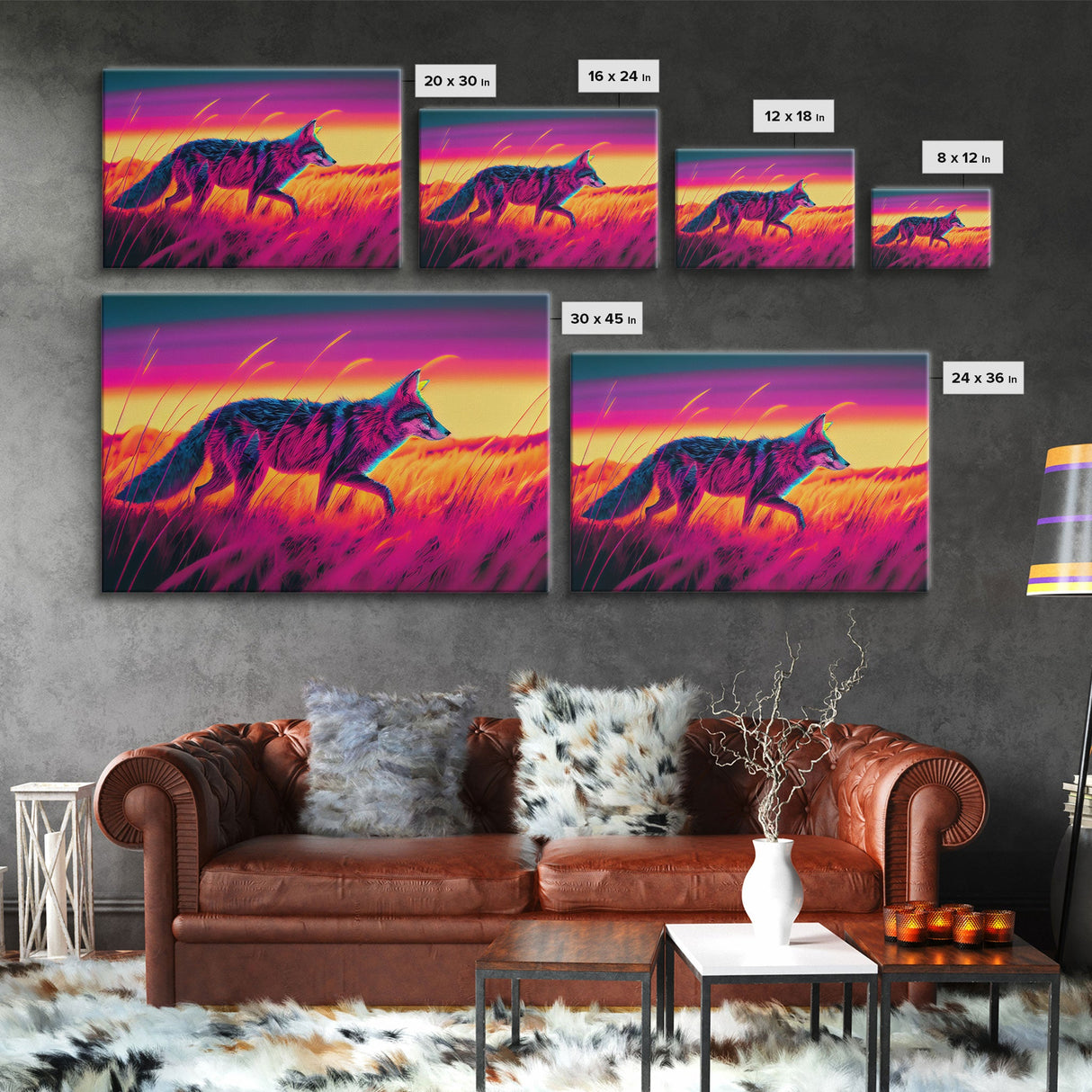 Cute fox in the tall grass, animal print, vaporwave framed canvas print, retrowave animal art