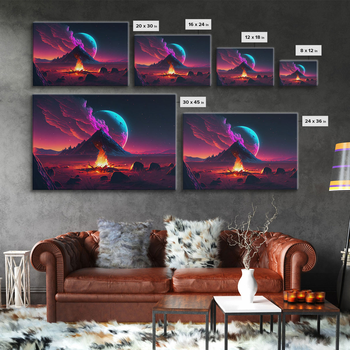 Campfire under a Full Moon, Framed canvas print, retro synthwave / outrun style primitive home decor