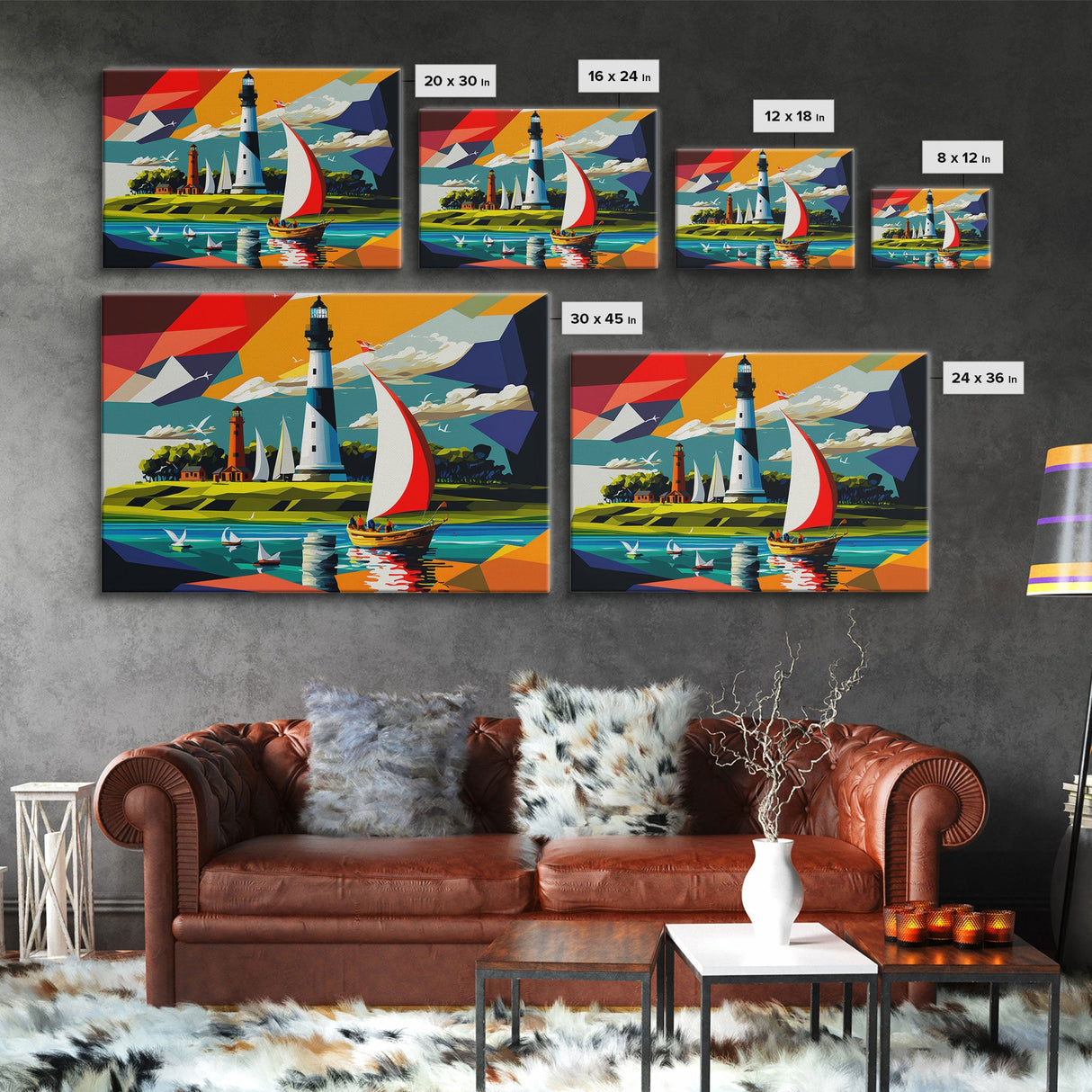 Sailboat and Lighthouse | Pop Art Style Painting Print | Framed Canvas Print | Colorful Minimalist Art | Nautical Art