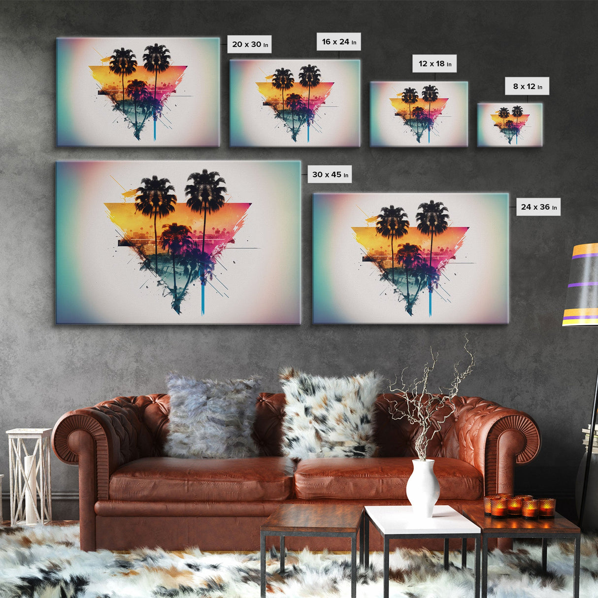 Retrowave / Synthwave Sunset Behind Beautiful Palm Trees, 1980s Style Retro Home Decor, Framed Canvas Print, Double Exposure Art