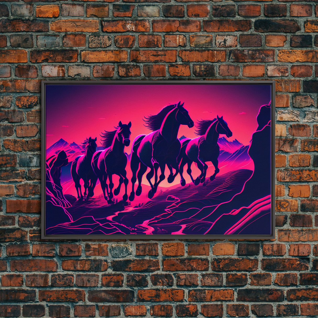 Pack of Wild Horses, American Western decor, framed canvas print, synthwave animal art