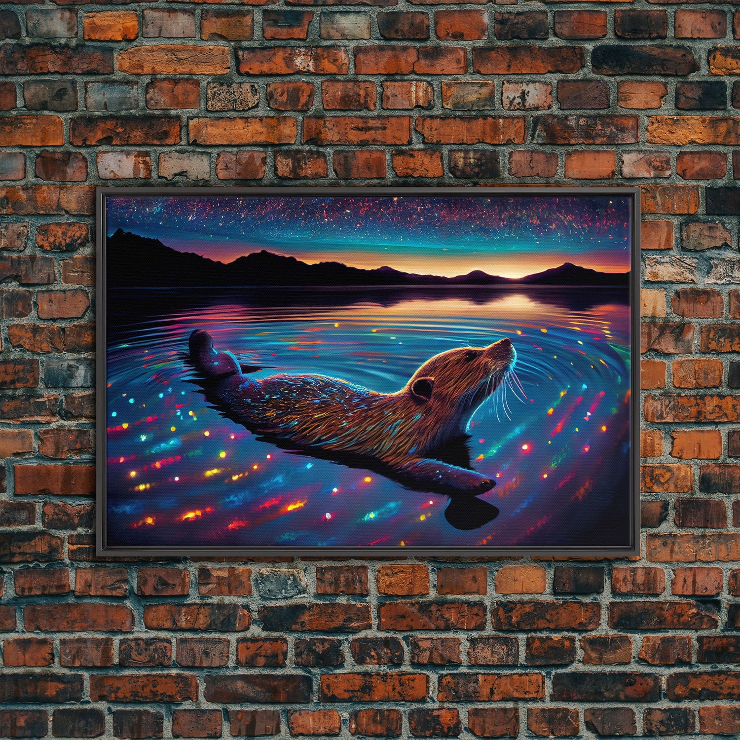 Cute beaver swimming at midnight, vaporwave aesthetic animal print art, starry night beaver, framed canvas print