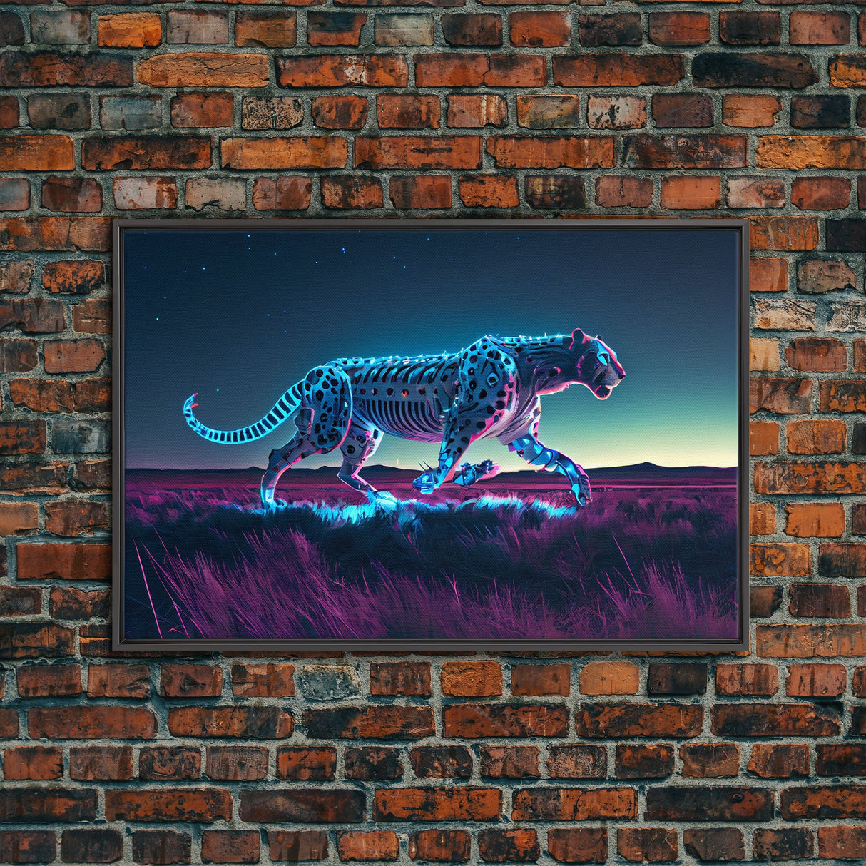 Robot Cheetah, Synthwave cyberpunk art, robot cheetah, framed canvas art, canvas print