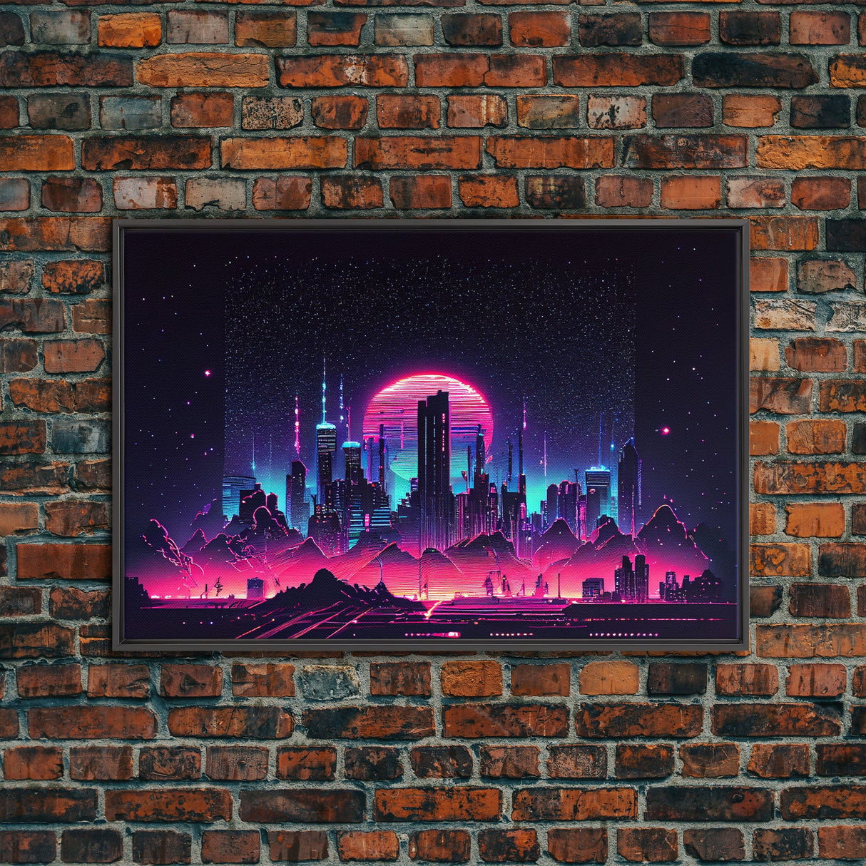 Cyberpunk city skyline superimposed over a sunset, synthwave style dystopian art, framed canvas print