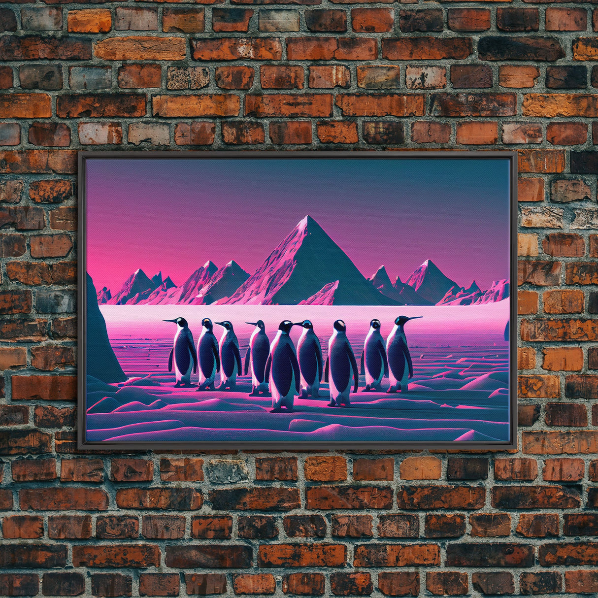 Penguins on the nice, cute animal prints, framed canvas print, synthwave / vaporwave art