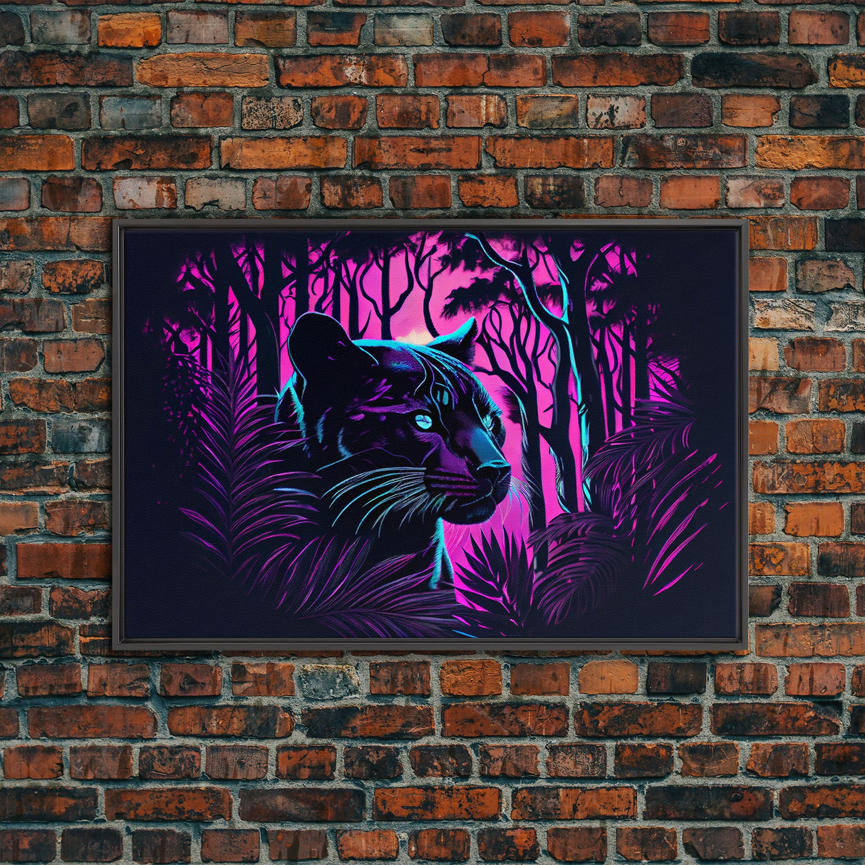 Vaporwave art, framed canvas print, Jungle Panther synthwave portrait