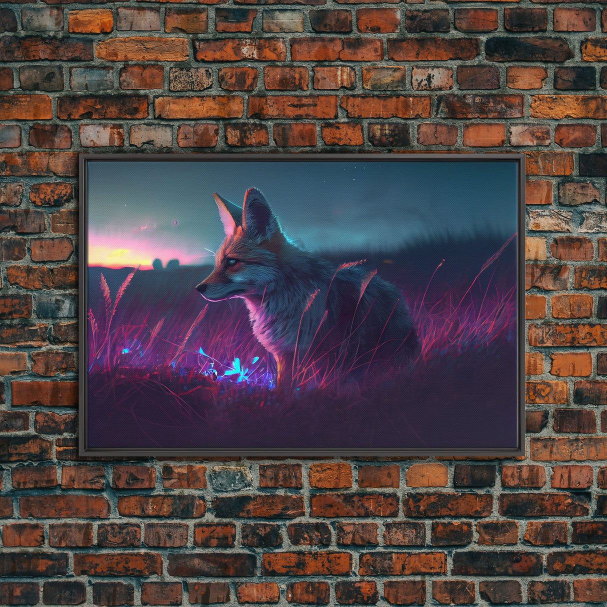 Cute animal prints, vaporwave fox hunting in the tall grass, framed canvas print