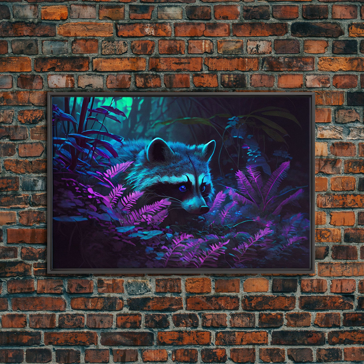 Trash panda art, Racoon in the jungle, vaporwave aesthetic animal art, framed canvas print