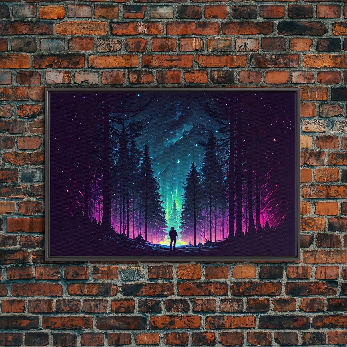 Contemplating the stars, vaporwave aesthetic, forest art, starry night, framed canvas print