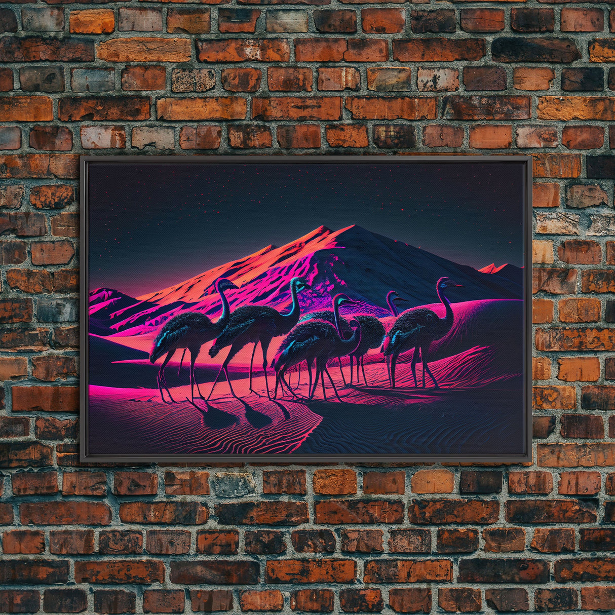 Emus in the desert, animal prints, animal art, framed canvas print, vapor wave synthwave animal art