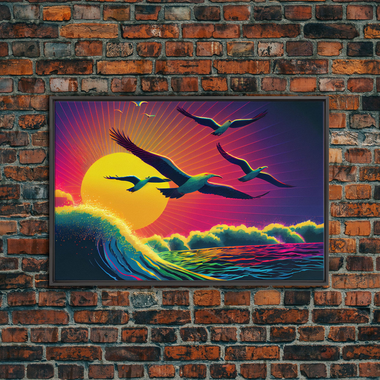 Flock of Seagulls, art deco style sun, framed canvas print, synthwave retrowave animal art