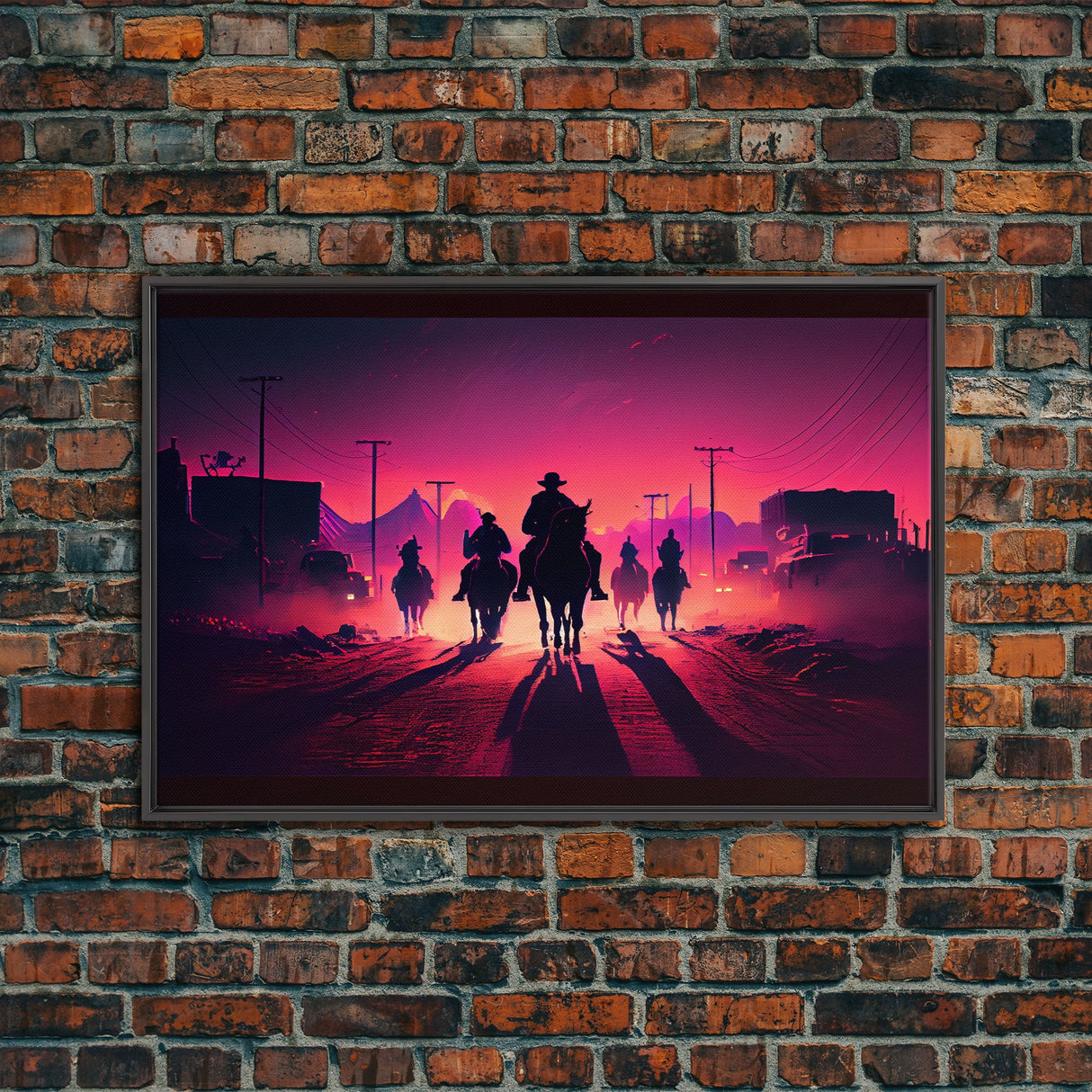 Retro Synthwave Style Post-Apocalyptic Cowboys, framed canvas print, retro outrun style wild west art