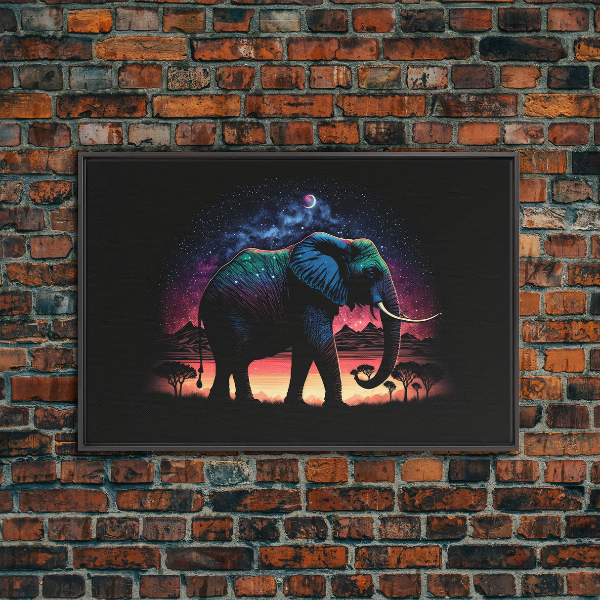 Elephant Art | Framed Canvas Print | Framed Wall Art | Animal Prints | Wildlife Art | Elephant Walks Under A Full Moon | Kid's Room Decor