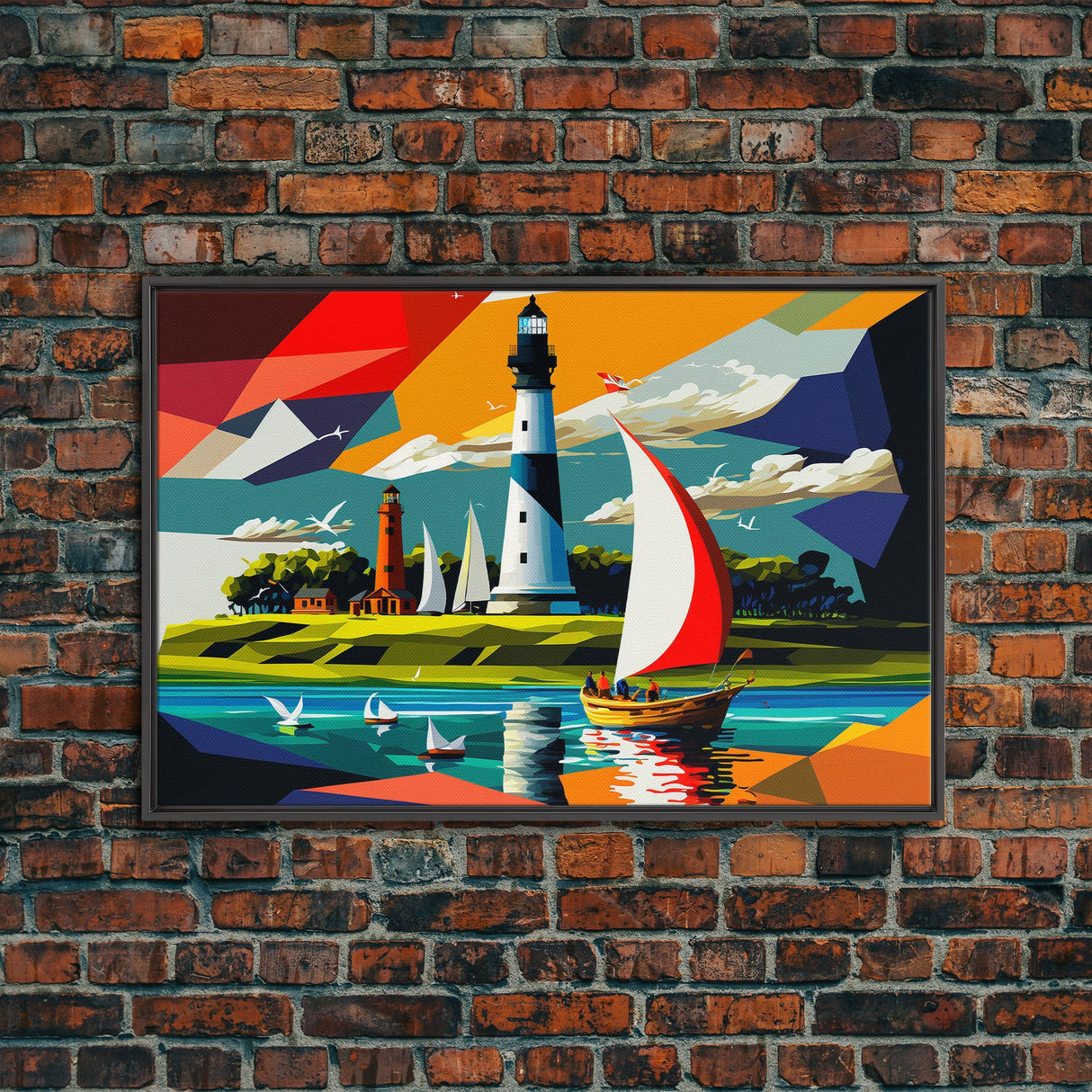 Sailboat and Lighthouse | Pop Art Style Painting Print | Framed Canvas Print | Colorful Minimalist Art | Nautical Art