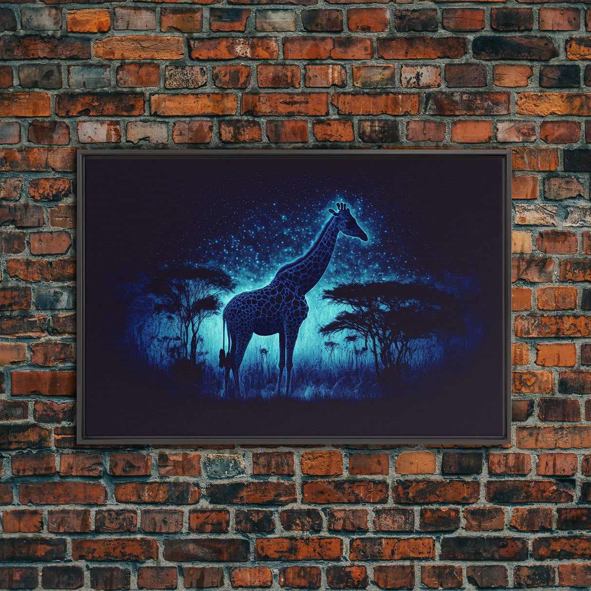 Surreal Giraffe Art, Wildlife Print, Animal Prints, framed canvas print, framed wall art, colorful turquoise night sky
