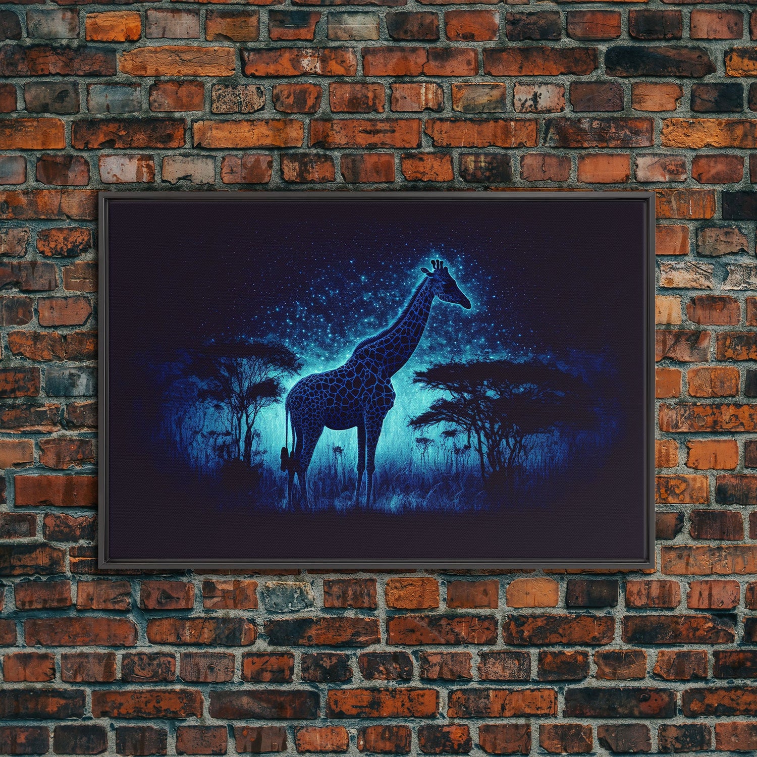 Surreal Giraffe Art, Wildlife Print, Animal Prints, framed canvas print, framed wall art, colorful turquoise night sky