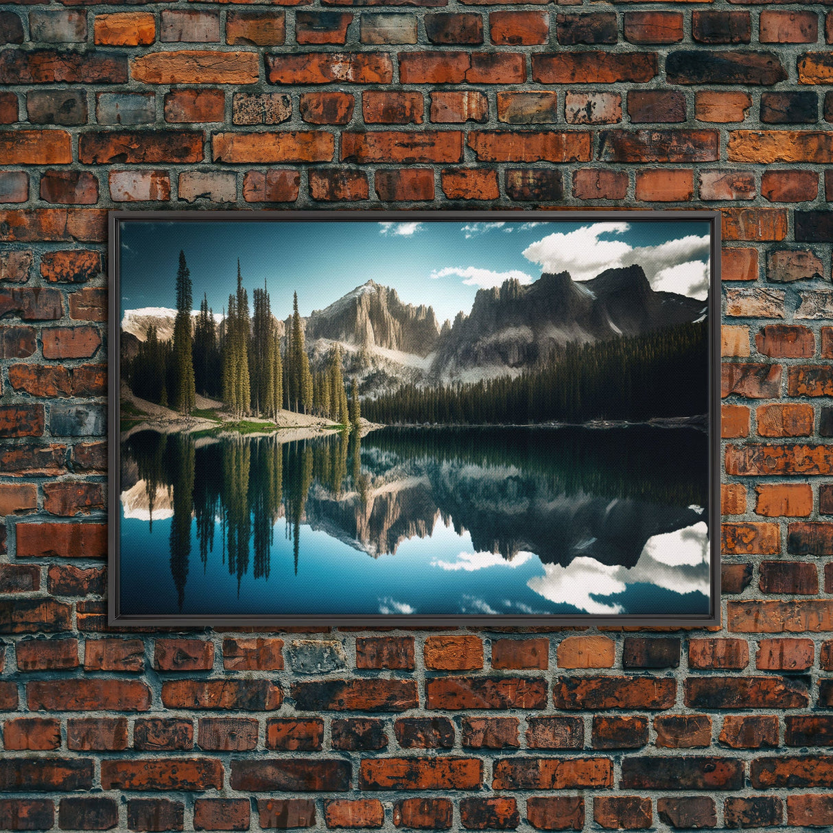 Reflections on a winter lake, watercolor landscape art, framed canvas print, pine tree winter forest