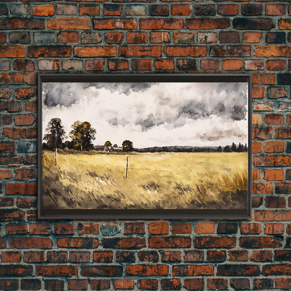 Early American Style Landscape Art | Primitive Farmhouse Decor | Framed Canvas Print | Wall Art | Wall Decor | Office Art | Muted Art