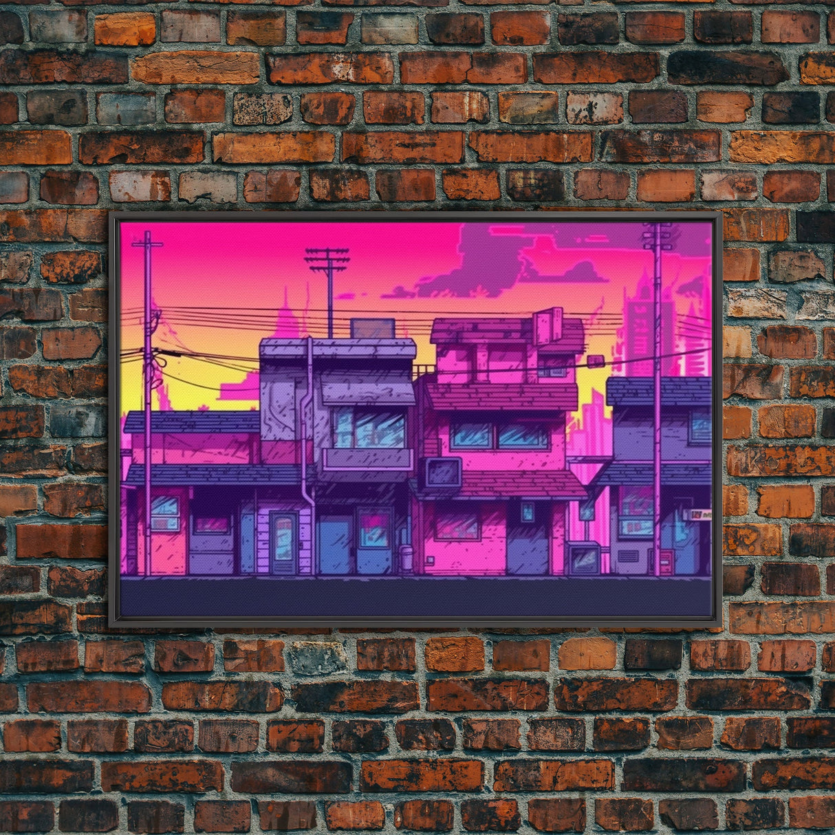 Neighborhood Wall Art - Framed Canvas Print - Original painting - Pop Art Style - Colorful painting - Synthwave Style - Pink colors