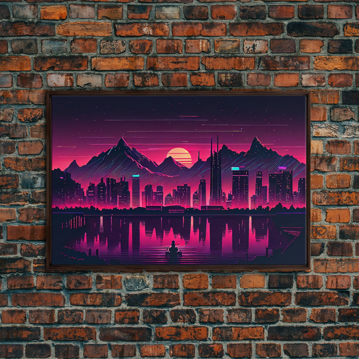 Cyberpunk Vancouver, Futuristic city skyline art, framed canvas print