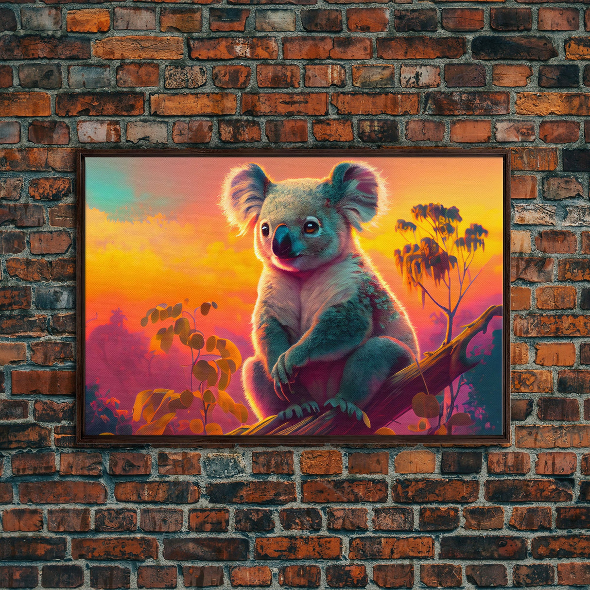 Cute Koala bear at sunset, vaporwave animal art, framed canvas print, framed wall art, ready to hang, synthwave art