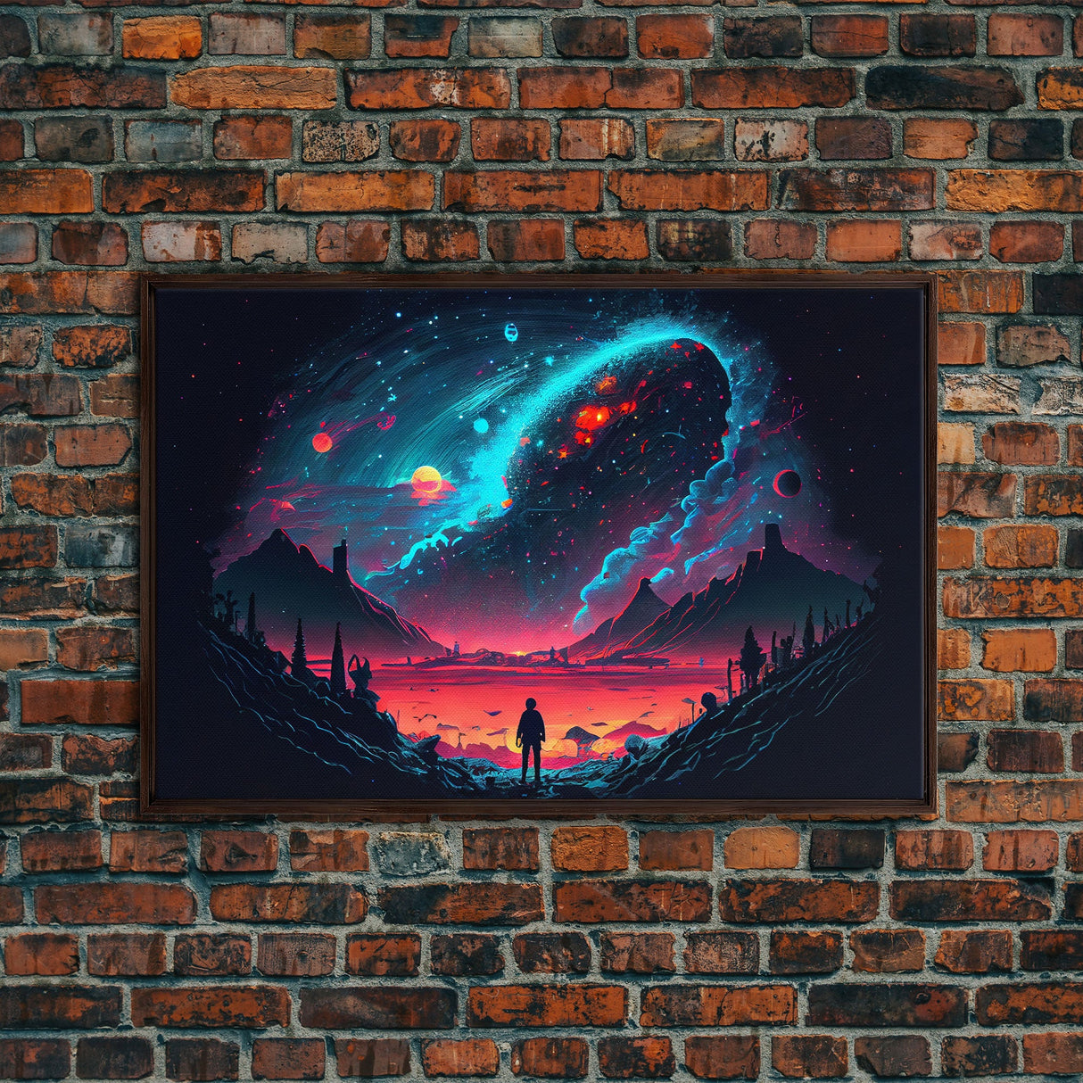 Strange new worlds among the stars, scifi retrowave art, framed canvas print, unique wall art