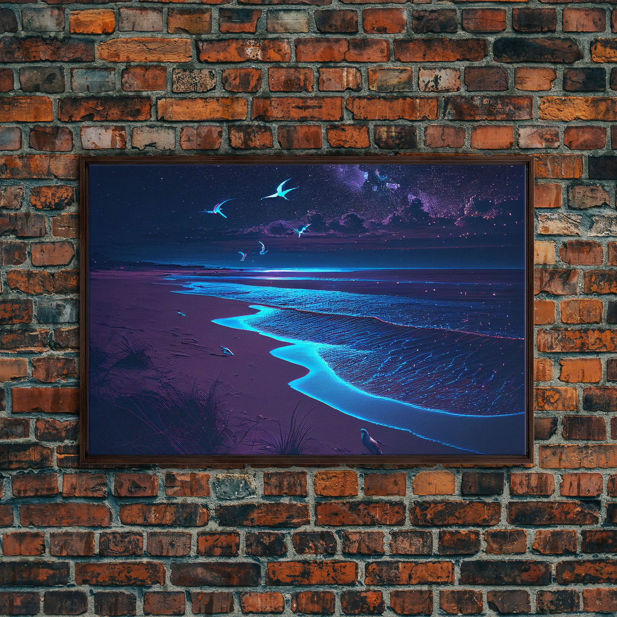 Vaporwave Starry night over a calm beach, watercolor, framed canvas print, synthwave wall art aesthetic
