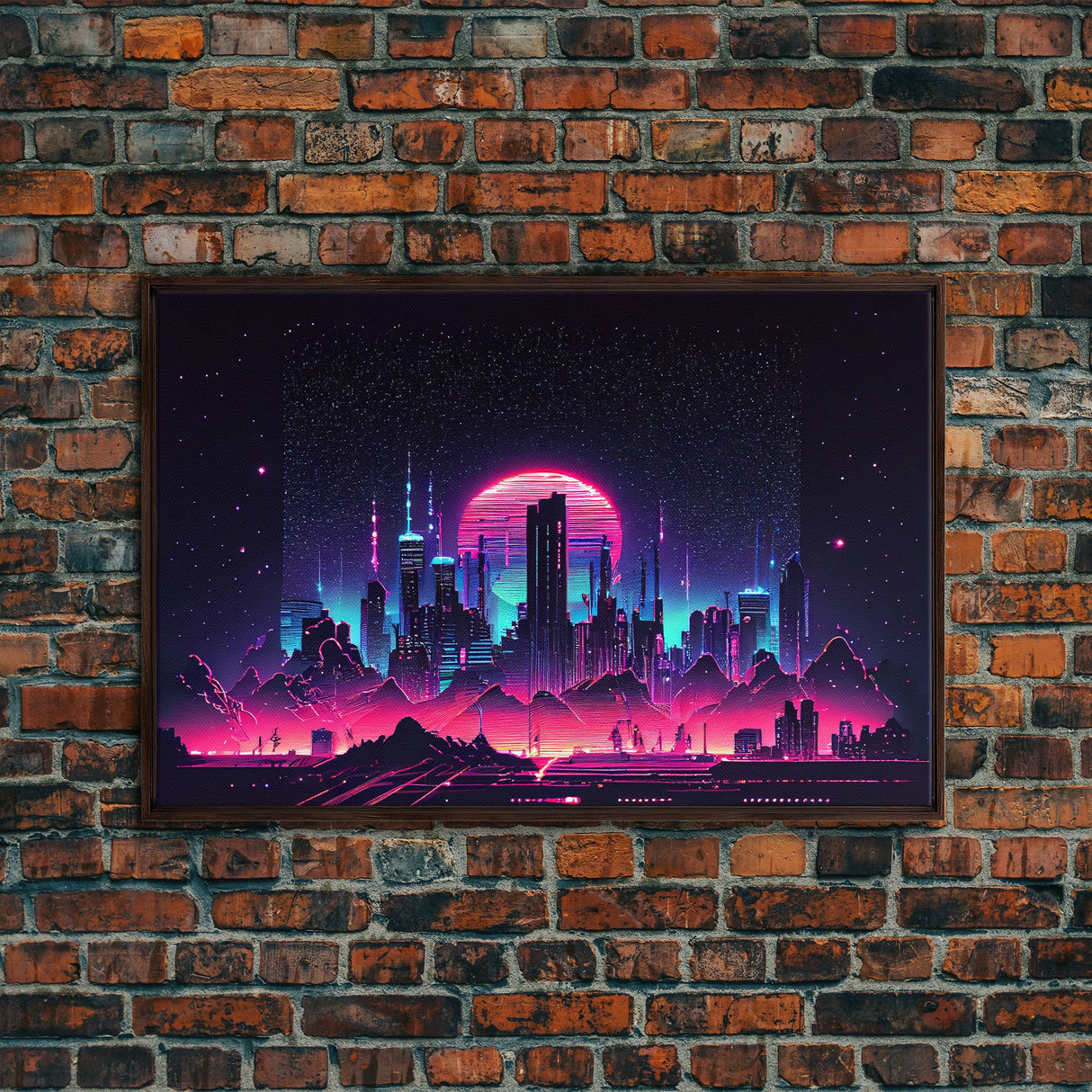Cyberpunk city skyline superimposed over a sunset, synthwave style dystopian art, framed canvas print