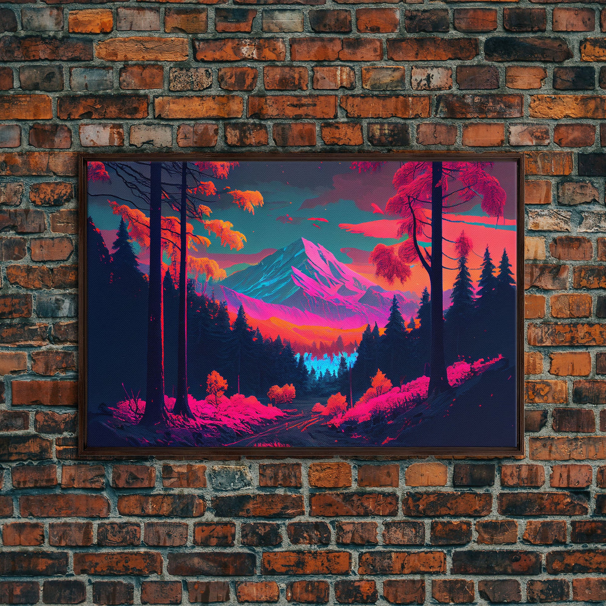 Synthwave style watercolor painting of a mountain and forest, framed canvas print, colorful wall art