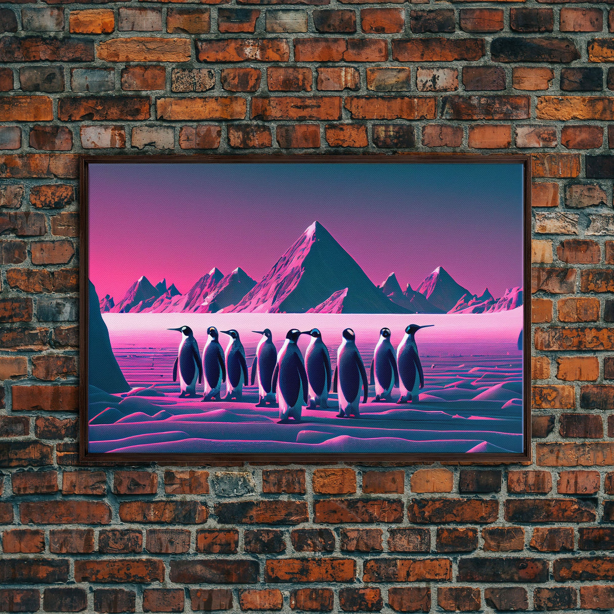 Penguins on the nice, cute animal prints, framed canvas print, synthwave / vaporwave art