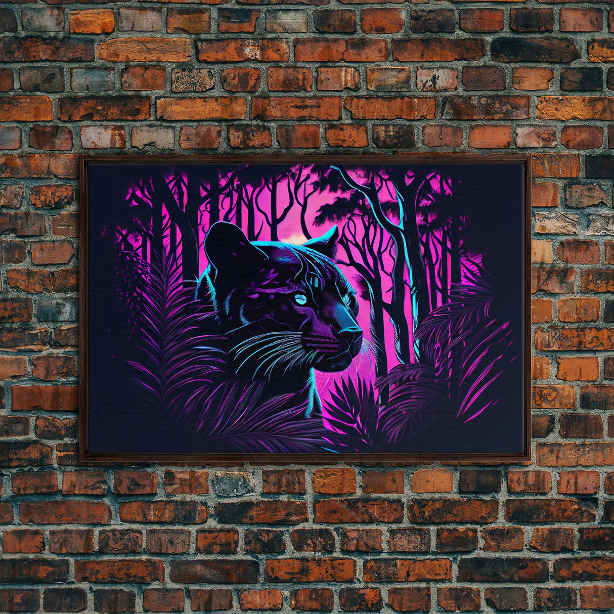 Vaporwave art, framed canvas print, Jungle Panther synthwave portrait