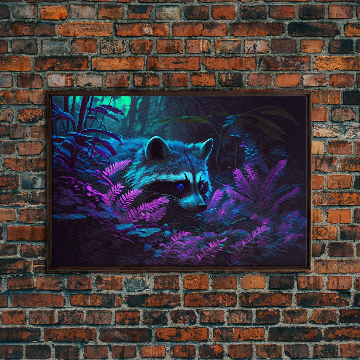 Trash panda art, Racoon in the jungle, vaporwave aesthetic animal art, framed canvas print