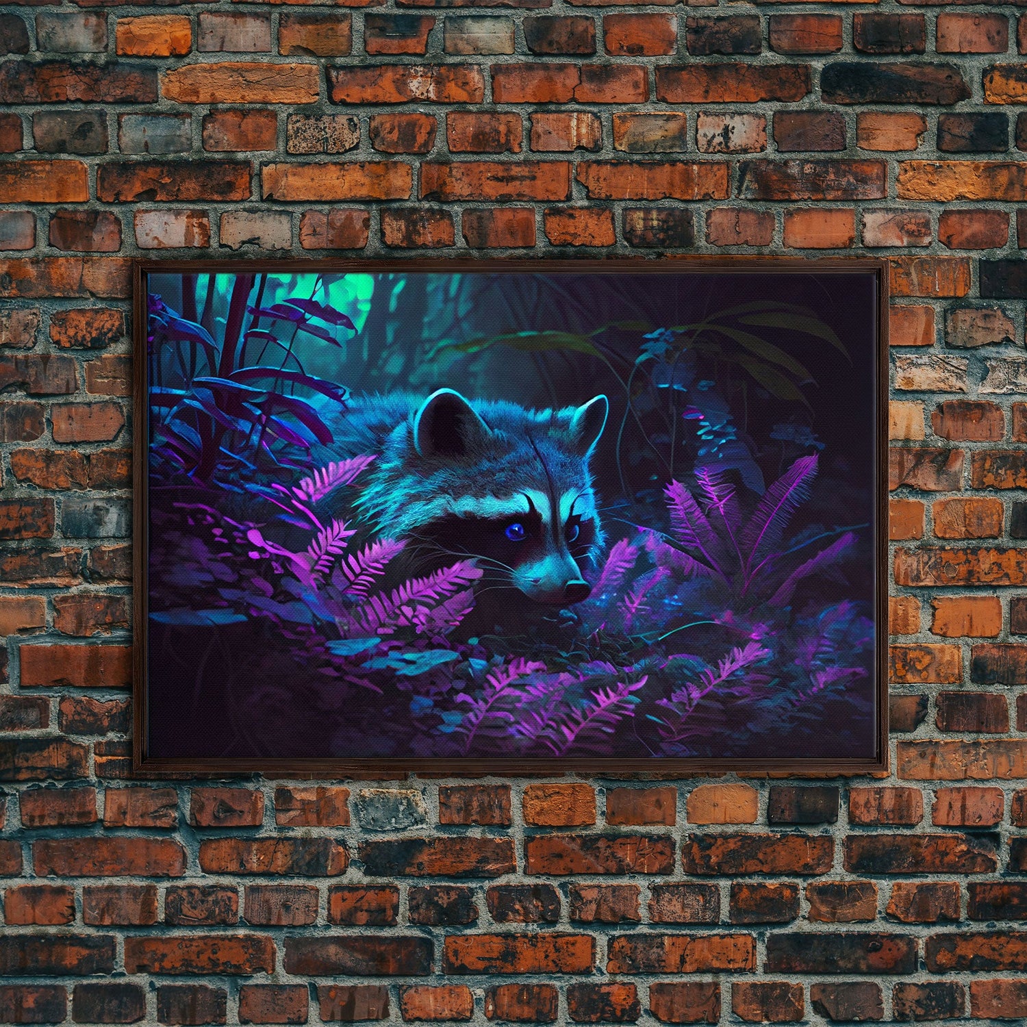 Trash panda art, Racoon in the jungle, vaporwave aesthetic animal art, framed canvas print