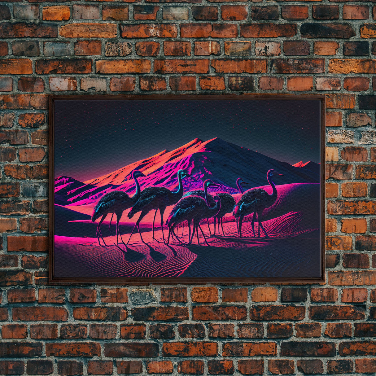 Emus in the desert, animal prints, animal art, framed canvas print, vapor wave synthwave animal art