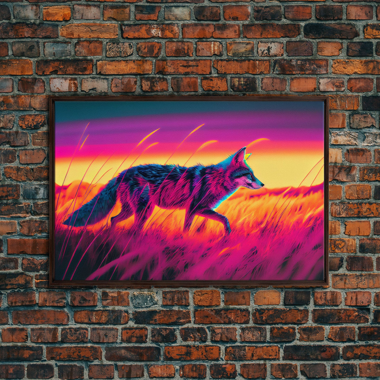 Cute fox in the tall grass, animal print, vaporwave framed canvas print, retrowave animal art