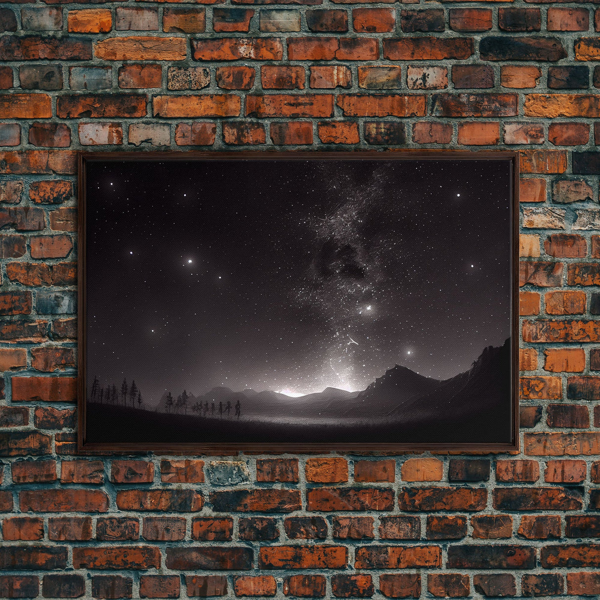 Black and white Watercolor of a starry night sky over a pine forest, framed canvas print