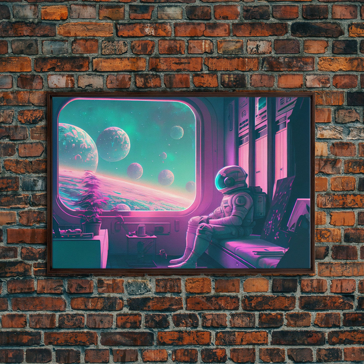 Vaporwave Aesthetic Scifi Art, In Transit, Astronaut riding the space train, framed canvas print