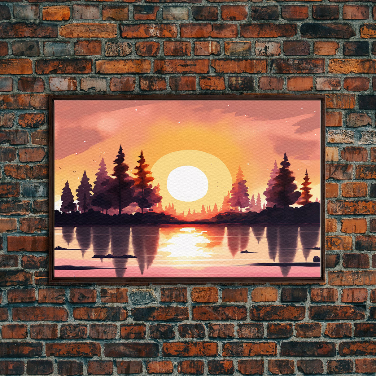 Sunrise Over The Lake and Forest, Lakehouse landscape art, orange and red tones, framed canvas print, watercolor art
