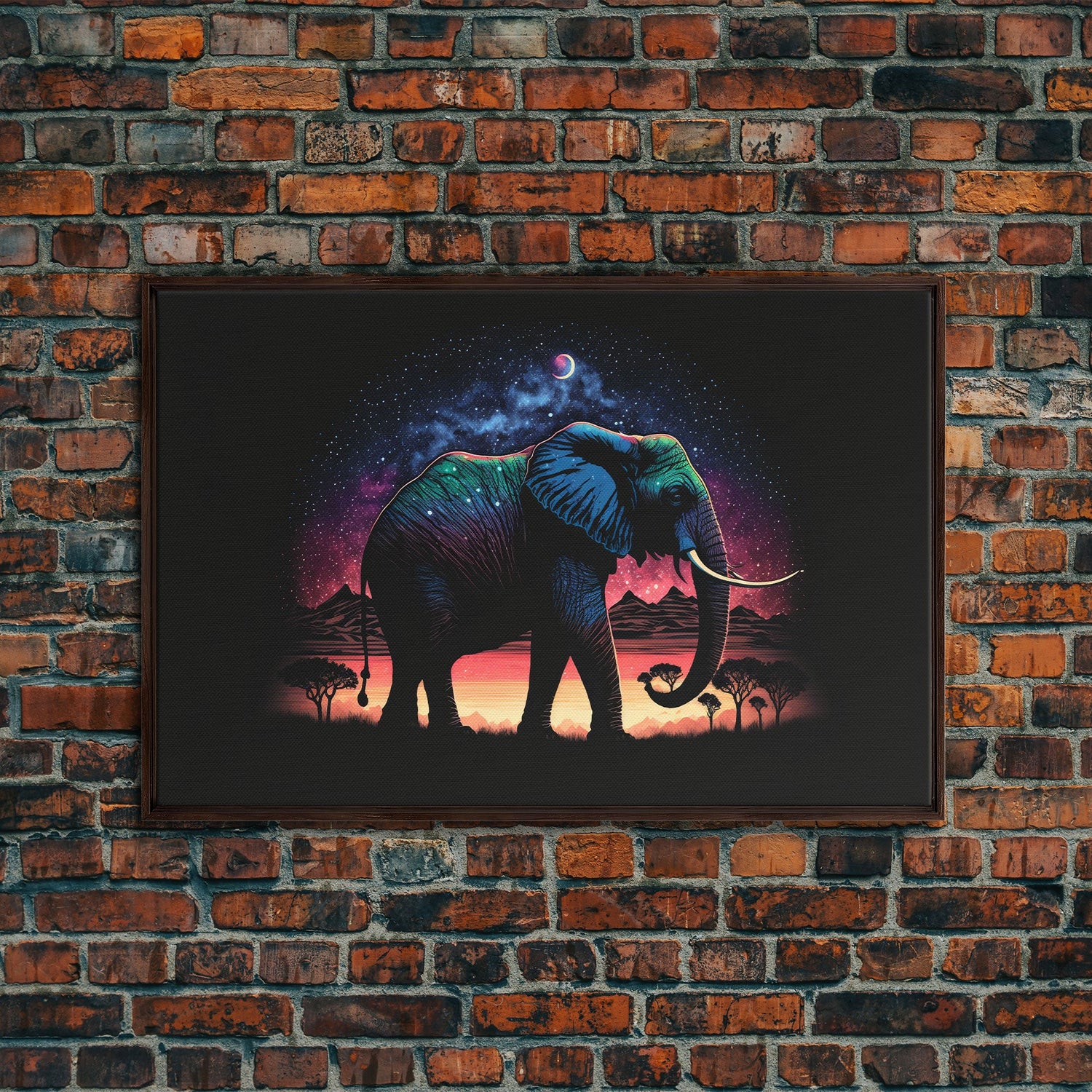 Elephant Art | Framed Canvas Print | Framed Wall Art | Animal Prints | Wildlife Art | Elephant Walks Under A Full Moon | Kid's Room Decor