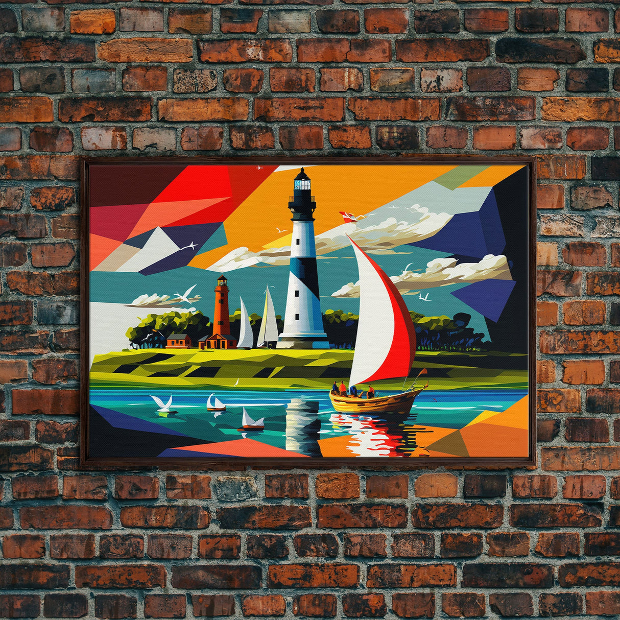 Sailboat and Lighthouse | Pop Art Style Painting Print | Framed Canvas Print | Colorful Minimalist Art | Nautical Art