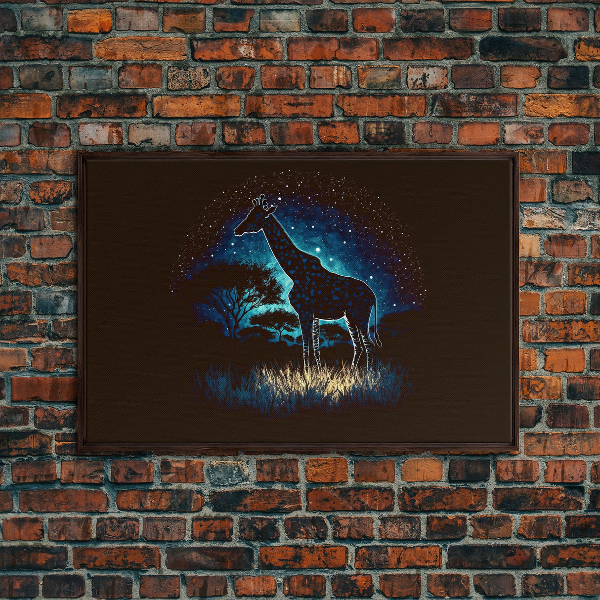 Starry Night over Africa, Giraffe Print, Framed Canvas Art, Galaxy Night Sky, Mancave decor