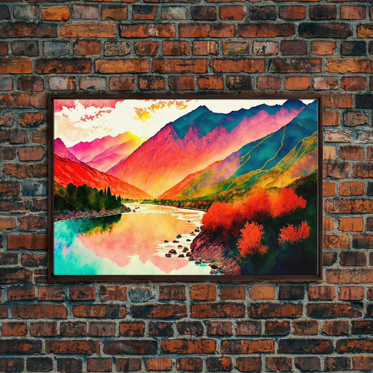 Watercolor Landscape, Rainbow Landscape Art, Framed Canvas Print, Unique Primitive Style Landscape Decor