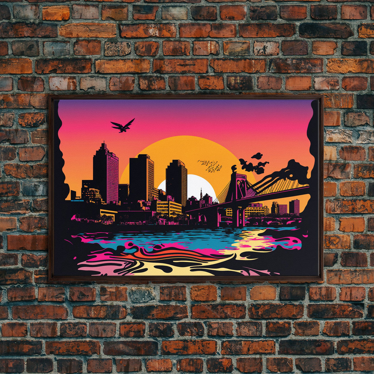 Beautiful Portland, Oregon Retro Synthwave Style Sunset Art, Framed Canvas Print, Pacific Northwest City Art