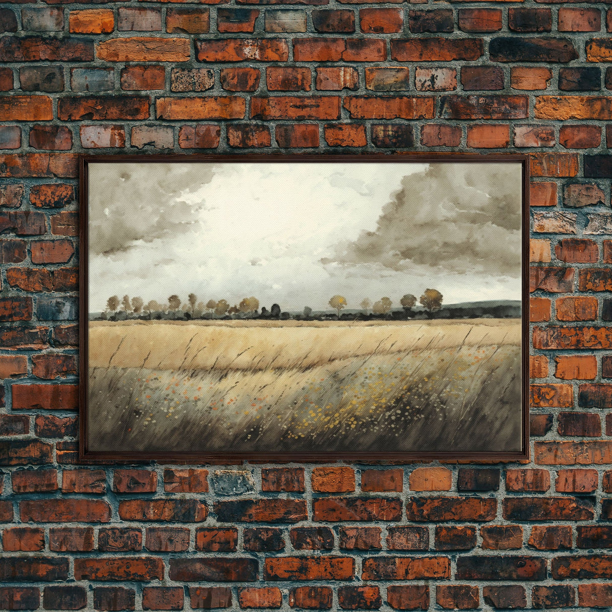 Moody Country Landscape Canvas Print Painting | Vintage Wall Art | Subdued Wall Art | Framed Canvas | Muted Monochromatic Landscape Art