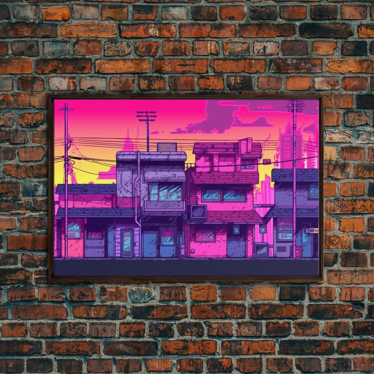 Neighborhood Wall Art - Framed Canvas Print - Original painting - Pop Art Style - Colorful painting - Synthwave Style - Pink colors