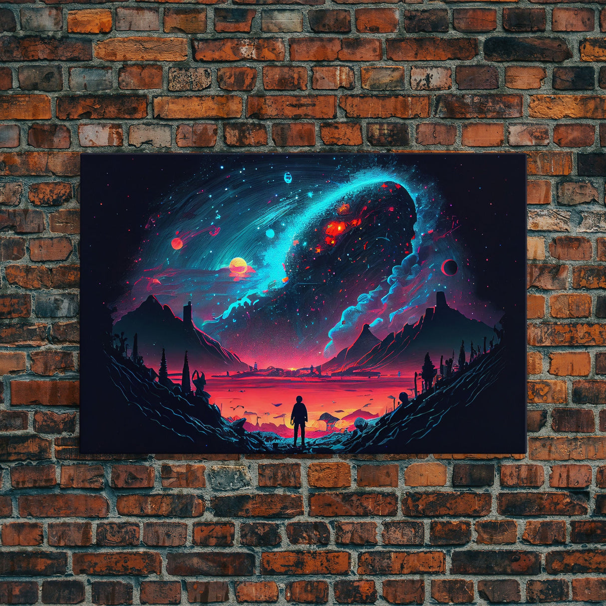 Strange new worlds among the stars, scifi retrowave art, framed canvas print, unique wall art